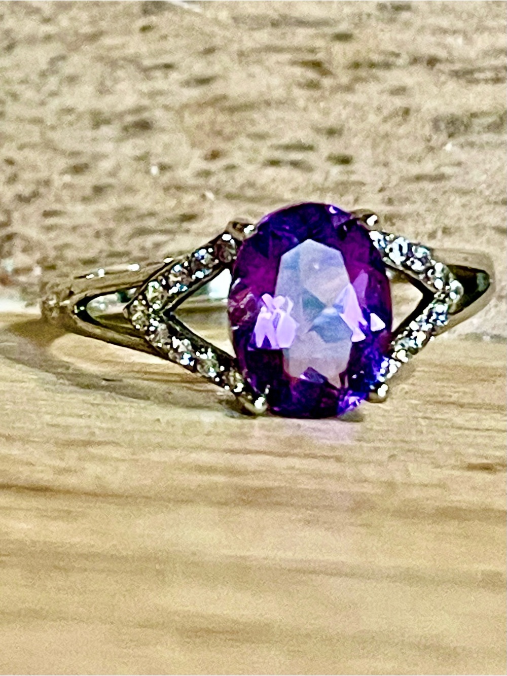 Oval Amethyst Ring Set with Pavé Accents Set in 925 Sterling Silver. Adjustable